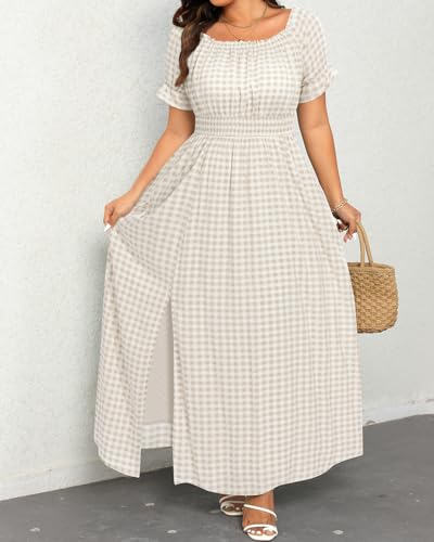 Image of Holipick Women's Off The Shoulder Boho Dress Plus Size Floral Smocked Waist Split Summer Maxi Sundress with Pockets
