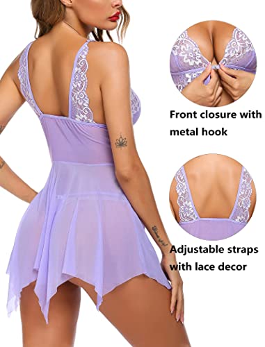 Image of Avidlove Women Lace Lingerie Front Closure Babydoll V Neck Nightwear Sexy Chemise Nightie