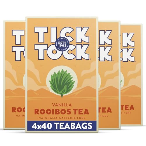 Tick Tock Vanilla Rooibos Tea - Caffeine-Free Pack of 4 x 40 Biodegradable Tea Bags (160 Teabags) for Wellbeing and Relaxation