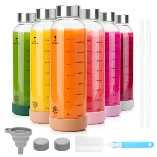 Image of Zukro Glass Juice Bottles with Stainless Steel Lids 18 oz, Airtight & Leak Proof, Non-Slip Bottom, Measured Markings, 6-Pack Reusable Clear Jars for Water, Juicing, Smoothie, Protein Shakes, BPA Free