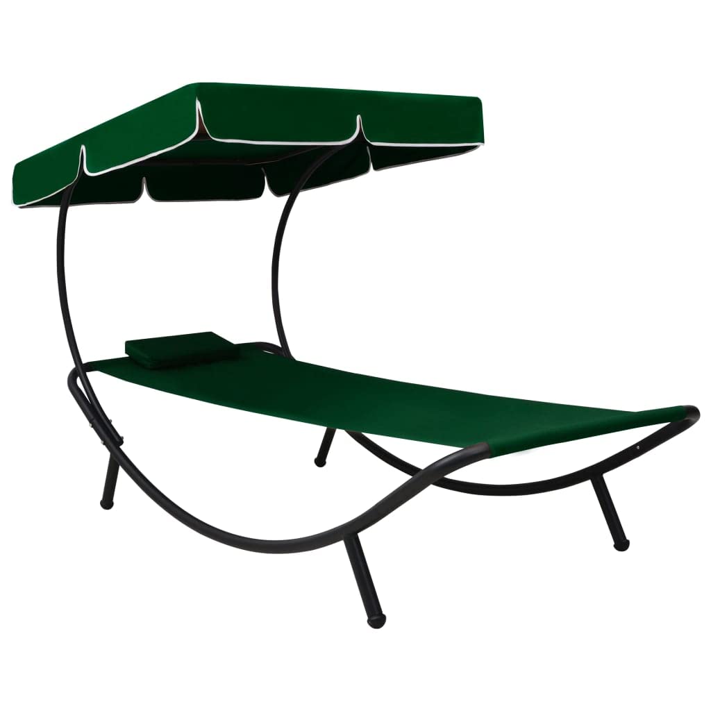 Lettino prendisole con tettuccio parasole, cuscino da giardino, verde, 200 x 90 cm | Comoda sdraio da giardino con tettuccio parasole regolabile e cuscino per terrazza, balcone e giardino all'aperto.