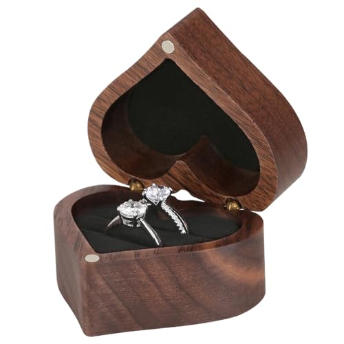 De Anillos Forma De Corazón – Joyero Madera Maciza, Pequeño Portátil Exquisito Almacenaje Vintage Para Pulseras Oro & Joyas | Construcción Nogal, 5,5x3,7cm, Perfecto Para Bodas, Regalos Navidad &