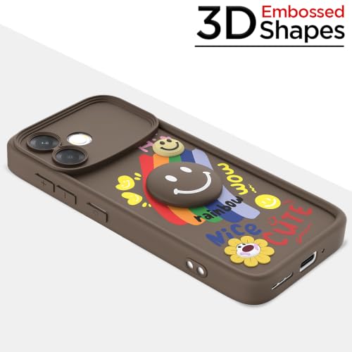 Image of Pikkme Back Cover for Oppo F33 Pro 5G | Soft Silicone| Cute Rainbow Smile & 3D Cartoon Flower Design | Shockproof Raised Camera Protection Bumper Case (Brown)