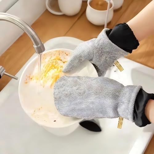 Dishwashing Gloves Stainless Steel Wire Cleaning Gloves with PVC Lining & Hanging Strap for Housework Kitchen (Medium) (3 gloves (individual pieces))