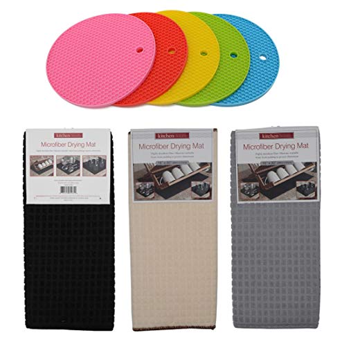 Image of Store2508 Microfiber Reversible Dish Drying Mat Pack of 3 38x51 Cm Each 5 Pcs Silicone Heat Resistant Mats for Kitchen
