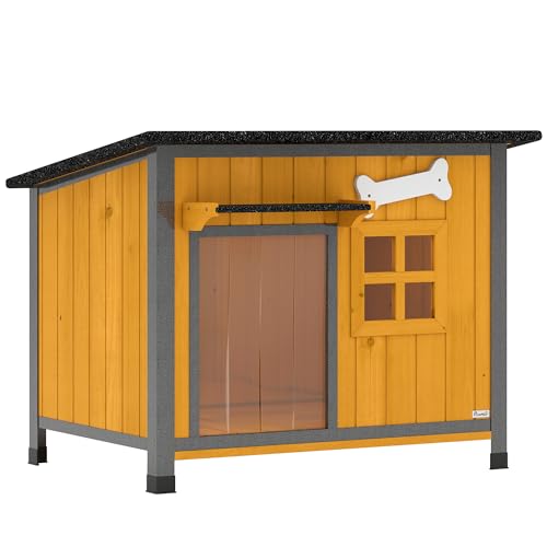 PawHut Cuccia per Cani da Esterno in Legno e Acciaio Anti-Morso, Casetta per Cani Rialzato con Tetto Spiovente Apribile e Impermeabile, Pavimento Rimovibile, Tenda per Porta, Tettoia, 84.5x62x65 cm