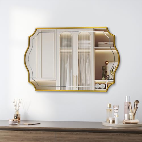 Image of POZINO 36 inchx24 inch Scalloped Wall Mirror with Wood Frame, Gold Irregular Mirror