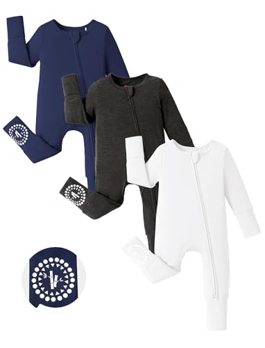 Image of PATPAT Baby Footies Boys Girls - Bamboo Viscose - Zipper & Non-Slip Soles Romper Mitten - Footed & Footless Infant Clothes