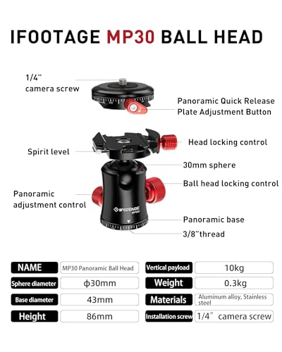 Image of IFOOTAGE Tripod Head MP30, Dual 360 Panoromic Shooting Tripod Ball Head, 22 lbs Supporting Ball Head Mount, Professional Aluminum Ball Head for Tripod, Monopod, Slider, DSLR Camera, Komodo MP30