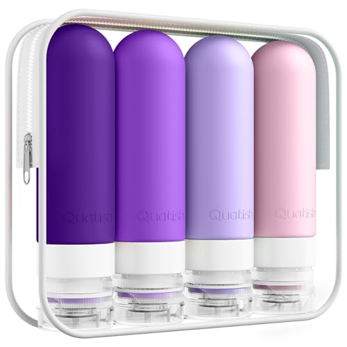 Image of Quatish Travel Bottles for Toiletries, Original Patented Leak Proof Travel Size Containers, 3 oz Tsa Approved Silicone Shampoo and Conditioner Bottles, 4 Pack,，Purple
