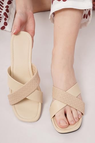 Image of Women's Cross Strap Textured Flat Sandals - Stylish and Comfortable Slip-On Flats