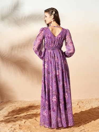 Image of Miss Chase Women's Multicolored-Base-Brown Relaxed Fit Maxi Lurex Chiffon Dress