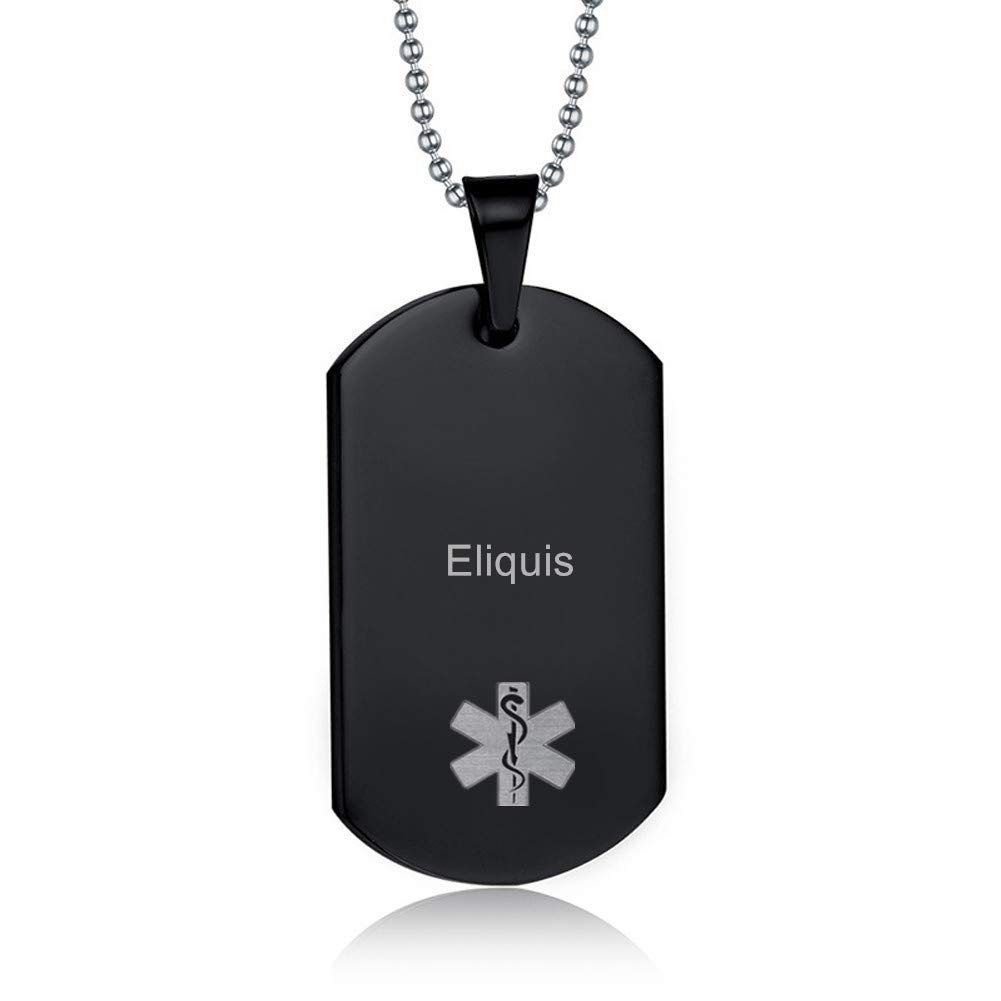 LiFashion LF Stainless Steel Black Eliquis Medical Alert Necklace for Men,Men's Medic ID Tag Pendant Sos Emergency Caduceus Medical Jewelry Eliquis