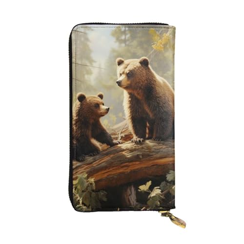 Portefeuille en cuir avec fermeture éclair et motif ours pour homme et femme
