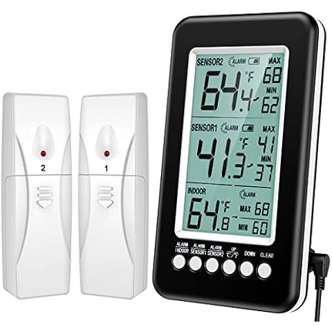 KeeKit Refrigerator Thermometer, Wireless Indoor Outdoor Thermometer with 2 Sensors, Digital Fridge Thermometer with Audible Alarm, Temperature Gauge for Freezer, Restaurants, Bars Cover