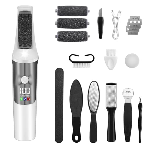 AOOWU Removedor Eléctrico de Callos de Pies, 3 Velocidades Ajustables Profesional Quita Durezas Electrico, Herramientas de Pedicura Recargables con 3 Cabezales de Rodillo Extraíbles para Piel Muerta
