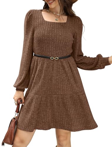 Image of Sampeel Womens Square Neck Long Sleeve Fall Dresses Casual Babydoll Sweater Dress