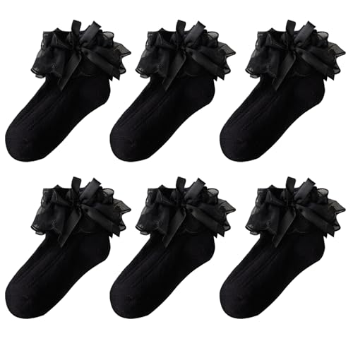 Image of Jupsk Girls Frilly Socks Ruffle Lace Ankle Cotton Socks Baby Toddler Black Dress Sock 1-3 Years 6 Pairs