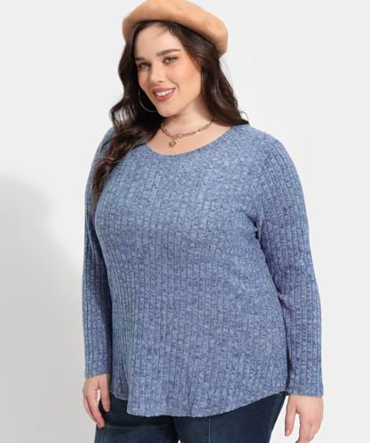 Image of CARCOS Plus Size Tops for Women Long Sleeve Raglan V Neck T Shirts Tunic Fall Blouse Xl-5Xl 14W -28W