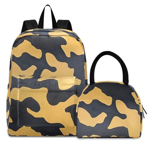 Backpack Lunch Box Set Large Capacity Travel Backpacks and Insulated Lunch Bag for Commute Hiking Picnic Yellow Black Camo Print