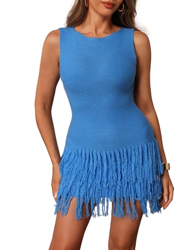 winkbay Women's Fringe Sleeveless Mini Dress Crew Neck Bodycon Knit Party Club Dresses Blue Medium