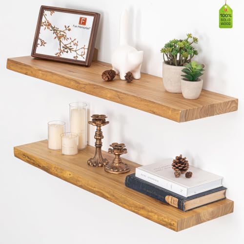 Image of Fun Memories Floating Shelves for Wall, Live Edge 32 inch W x 9.3 inch D x 1.5 inch H Wood Floating Shelf, Set of 2 with Invisible Heavy-Duty Metal Bracket, Deep Floating Shelf for Living Room Kitchen, Natural