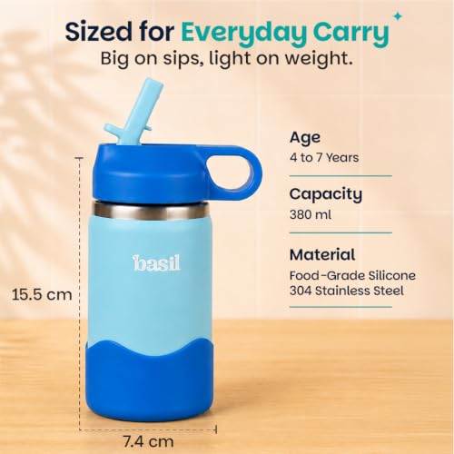 Image of Basil HydraPop Stainless Steel Insulated Kids Water Bottle for School, 380ml Leakproof Bottle with Straw, Double Wall Vacuum Thermosteel Bottle for School, Sports, Travel & Outdoor Use | Glacier