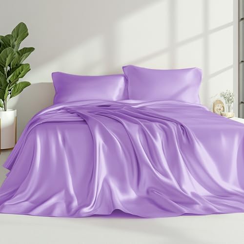 Love's cabin Full Size Satin Sheet Sets - 4 Piece Lavender Silky Sheet Set with Deep Pocket, Luxury Silk Feel Satin Sheets Full Bedding Set (1 Flat Sheet,1 Fitted Sheet,2 Pillow Cases)