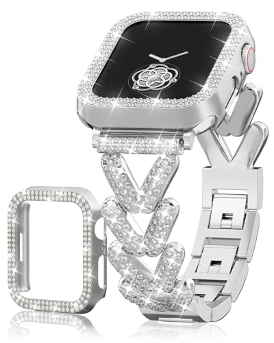 Image of Rhinestones Encrusted Metal Bracelet and Case, Compatible with Apple Watch Bands 38mm-49mm (Series 11 /10 /1 /SE /Ultra 2)- Bling Gold Women's Jewelry Strap, Luxury iWatch Bracelet