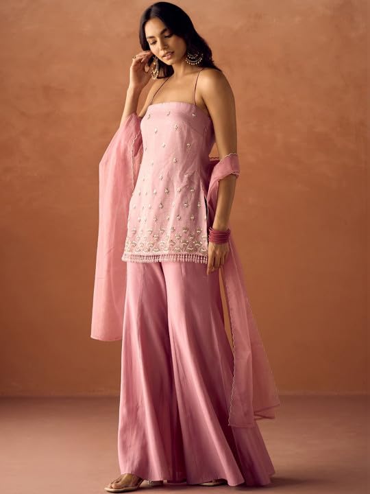 Image of Pink Embroidered Halter Neck Kurta with Sharara and Dupatta