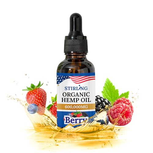 STIRLING Organic Hemp Oil - 600,000mg Natural Berry Flavor - Enhances Sleep and Helps Reduce Discomfort - THC-Free, Non-GMO, Gluten-Free, High in Omega 3 6 9 - Premium U.S. Hemp Seed Oil