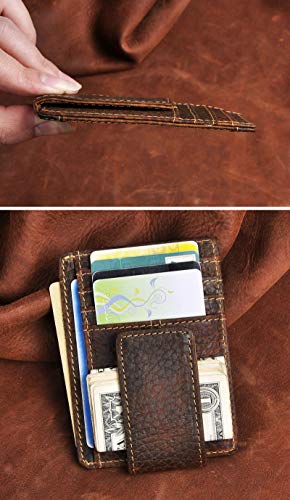 Image of Le'aokuu Genuine Leather Magnet Money Clip Credit Card Case Holder Slim Wallet
