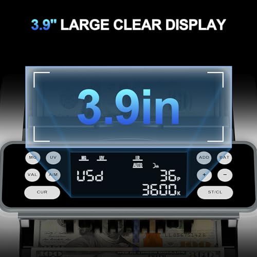 Image of AROHANI Money Counter Machine with Value Count for USD and EUR, UV MG IR DD MT Counterfeit Detection, Count Add Batch Auto Modes, Cash Counter with LED Display, Compact Powerful Design,Gray