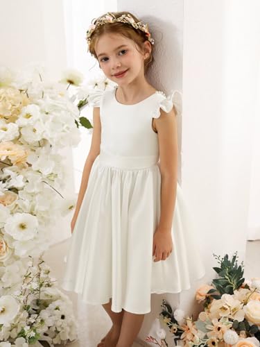 MCieloLuna Glossy Satin Flower Girl Dress V-Back Toddler Girls Wedding Party Pearls First Communion Dresses with Bow4