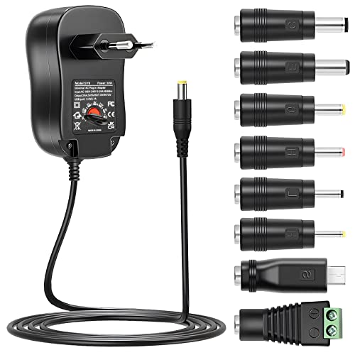 YoniYa Adaptador de Corriente Universal de CA a CC 3V 4.5V 5V 6V 7.5V 9V 12V 1A 2A 30W Transformador de Fuente de alimentación conmutada con 8 enchufes para Electrodomésticos