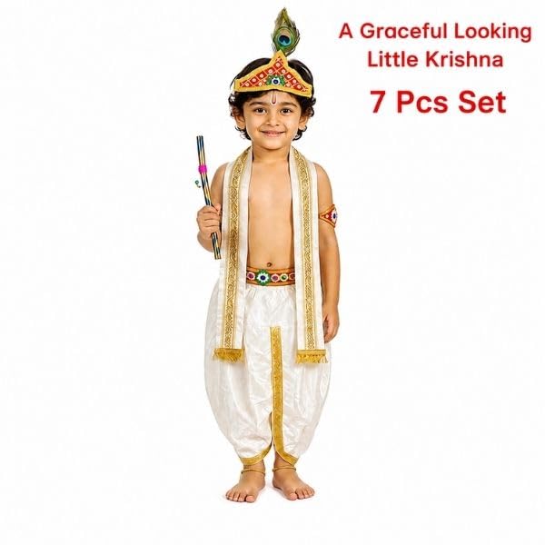 Image of Shri Krishna Costume Set - Ethnic Wear with Golden Jari Angavastram & Dhoti, Traditional Dress Set of 7 for Boys & Girls - Ideal for Janmashtami, Fancy Dress, and Festivals