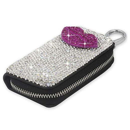 Bestbling Bling Bling Car Key Holder 3D Handmade Leather Auto Key Case Car Key Gourd Leather Holder Cover Case with Luxury Bling Crystal Diamond Rhinestones (Lips Rose)