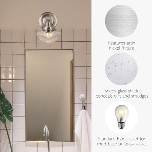Image of Design House Vintage-Inspired Schoolhouse Wall Sconce, 6.625 in x 7.625 in x 9.5 in, Satin Nickel, Clear Seeded Glass Shade, 589127-SN