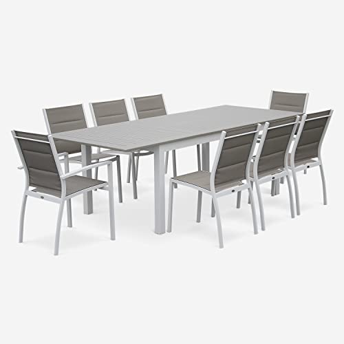 sweeek Alice's Garden - Table de Jardin Extensible Aluminium + 8 assises - Chicago Blanc/Taupe - Table Extensible 175/245cm avec rallonge et 8 assises en...