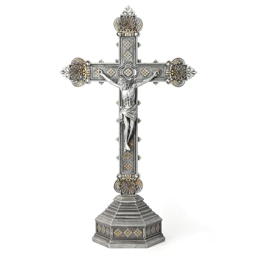 BC Catholic Crucifix Standing Cross for Altar, Silver Crucifix Tabletop Decor for Elegant Modern Home, Religious Gift, 14.7