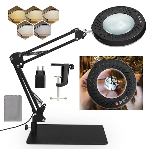 RealPlus Lampada con Lente di Ingrandimento 10X, Luce da Tavolo con Base e Morsetto