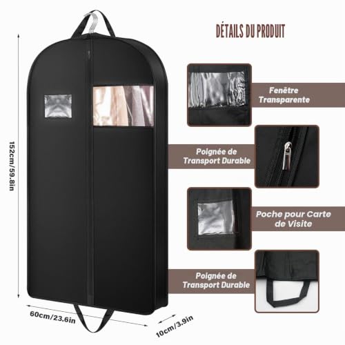 Borsa per vestiti, 152 x 60 x 10 cm Porta Camicie da Viaggio Sacchetti Vestiti Copriabiti Antipolvere con Finestra Trasparente e Cerniera, per Uomo e Donna, Vestiti, Cappotti, Camicie, Vestiti (Nero) – vue 2