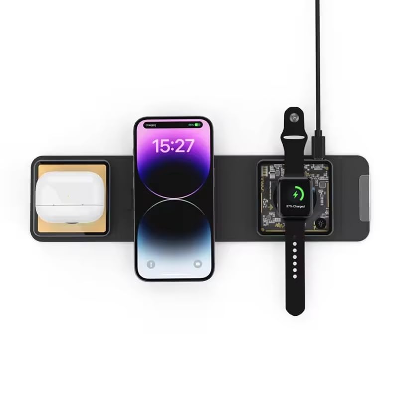 TECHTREND Transparent Foldable 3 in 1 PU Leather Wireless Charger, Charging Station Compatible with Most Devices - iPhone 15/14/13/12, Apple Watch iWatch 9/Ultra 2/Ultra/8/7/6/SE/5/4/3 Airpods