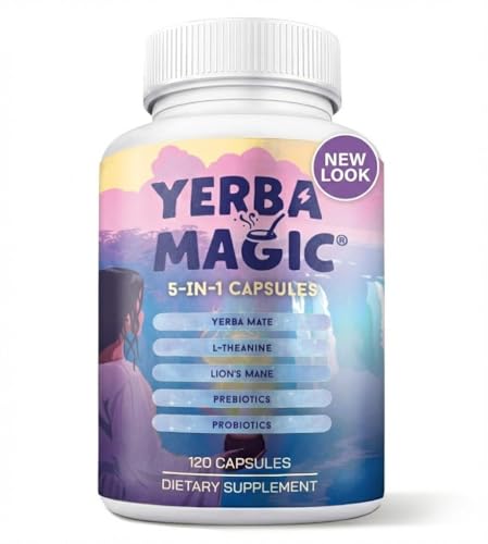 Brainista Yerba Mate Capsules 5 in 1 Yerba Magic Pills with Lions Mane L-Theanine Prebiotics Probiotics 100mg Natural Plant Caffeine Clean Daily Energy Gut Health No Jitters 120 Capsules