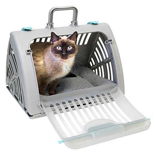 SportPet Large Hard-Sided Travel Cat Carrier - Cat Carrier with Patented Wide Side-Opening Door, Foldable Portable Pet Carrier with Removable Bed for Cats & Small Pets up to 25lbs - Gray by SportPet Designs - Used condition - US$26.09