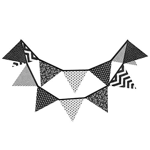 STARVAST Fabric Bunting Banner, 12 Flags Double Sided Flags Garland, 10.5 Feet Black & White Pennants for Wedding Birthday Parties Baby Shower Home Decoration
