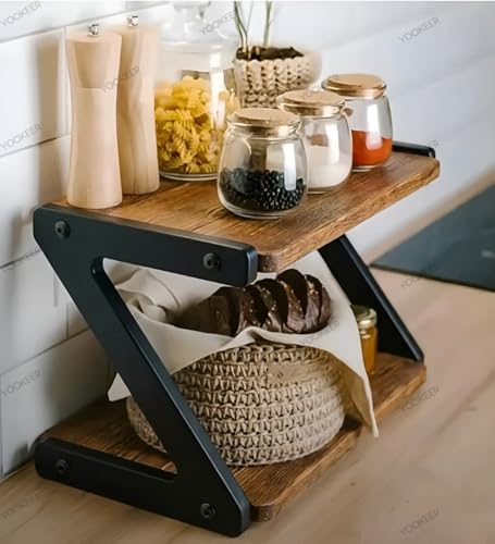 Image of Yookeer 2-Tier Spice Rack, kitchen organizer rack, Rustic Brown and Black, Z-Shape Countertop Organiser, 33x16x25 cm (RUSTIC BROWN)