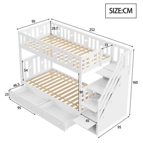 Etagenbett Kinderbett 90x200 cm, Kinderbett Hochbett mit 2 Stauraum Schubladen und Treppe Stauraum, Kinderbetten Funktionsbett Etagenbett Stockbett Kinderhochbett Jugendhochbett fur 2 Kinder, Weiß – Bild 3
