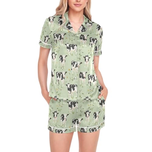 Pyjama pour soirée pyjama 2 pièces vert avec short de mariage motif vache