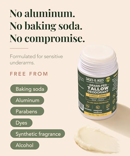 Image of Beef Tallow Deodorant for Men & Women, Aluminum Free & Baking Soda Free Natural Deodorant with Magnesium, Prebiotic & Probiotic, 24 Hour Odor Protection, Forest Amber, 2.65 oz